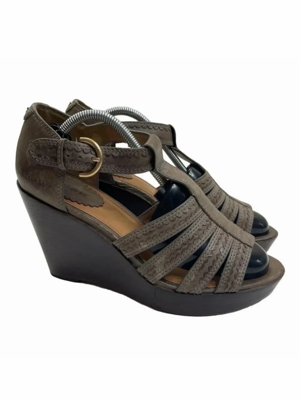 Anthropologie Trask Saydee Leather Wedge Sandals Taupe Brown Ankle Strap 9